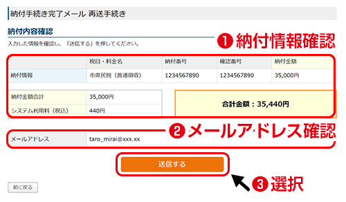 納付内容確認／納付情報・送信先メールアドレスをご確認のうえ「送信する」を押してください。